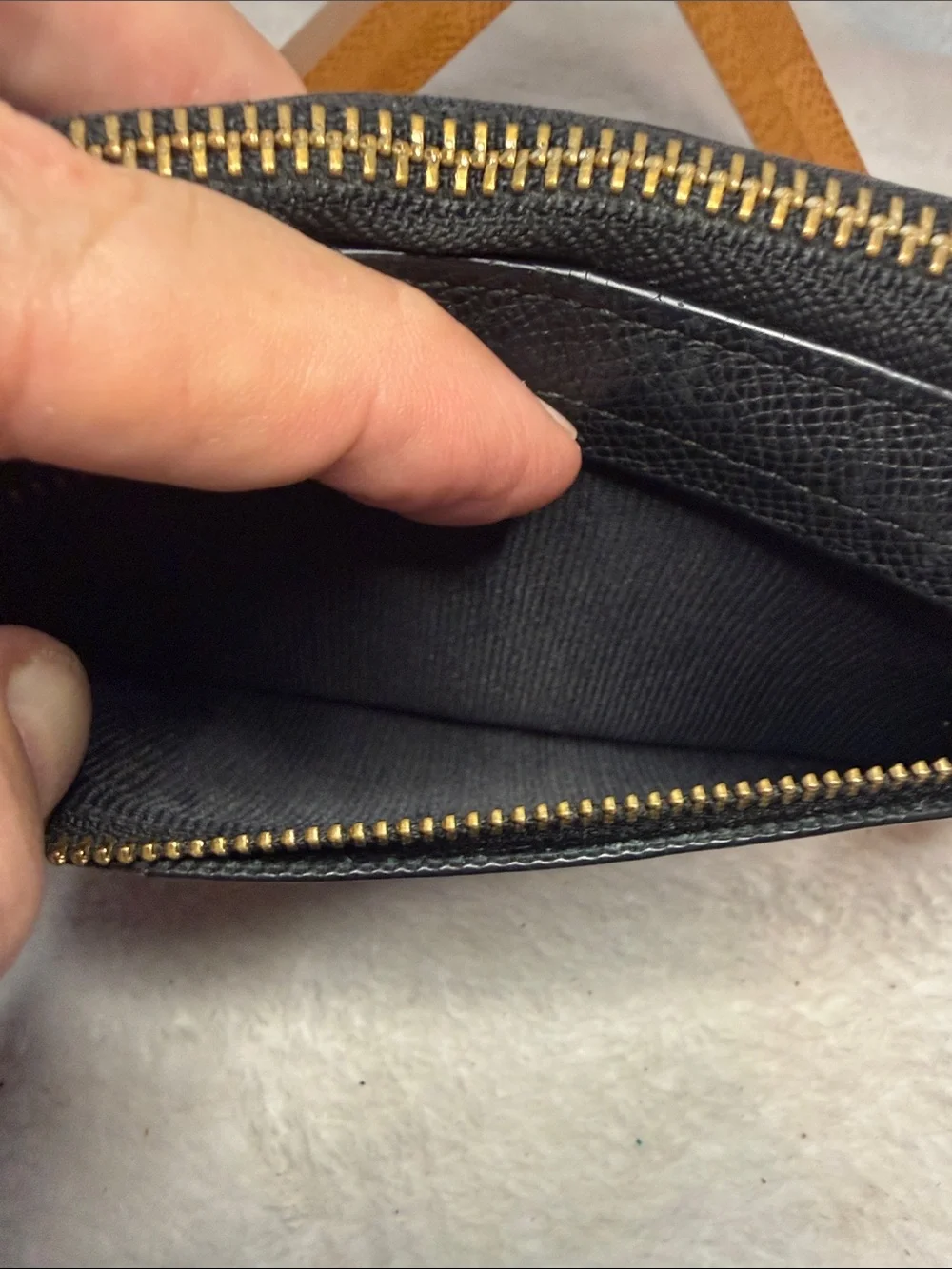 Coach Tan Black Leather Zip Wallet with Logo Plaque